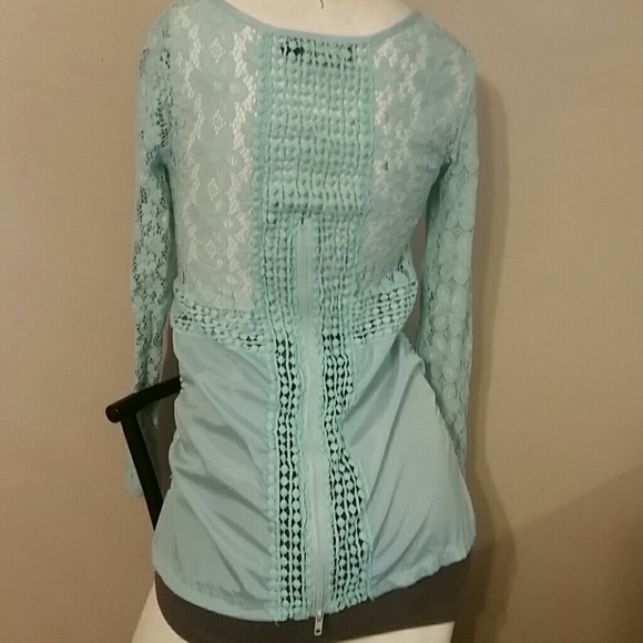Vintage Look Detailed Turquoise Lace Blouse Size S - Picture 7 of 8
